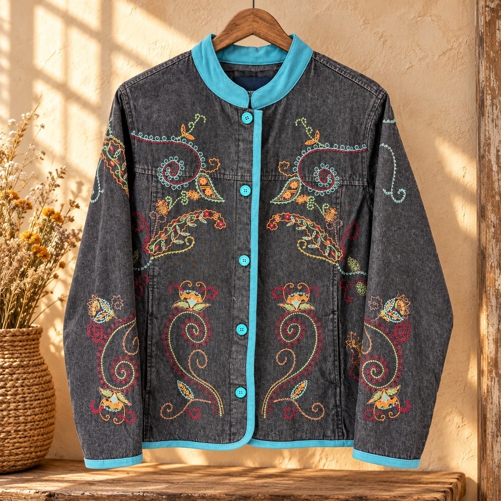 Denim & Co Jacket Embroidered Floral Paisley Medium Black Blue Boho Casual